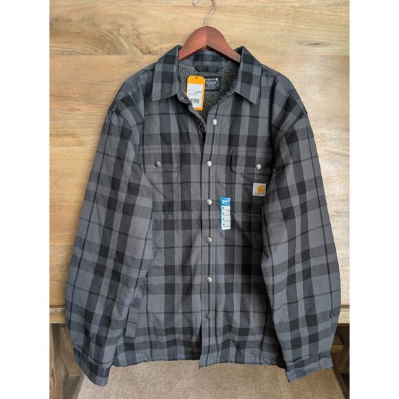 Carhartt Other - NWT Carhartt Shirt Jacket Men XL Shadow Black Plaid Sherpa-Lined Flannel Relaxed